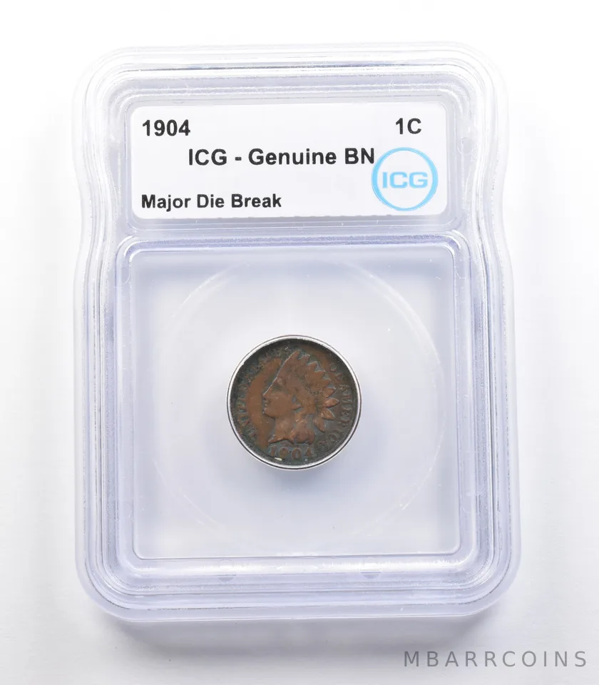 1904 Indian Head Cent Mint Error Major Die Break Genuine BN ICG *2291