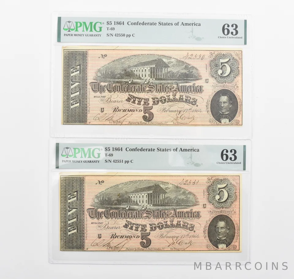 Lot (2) PMG 63 1864 $5 Confederate States Of America Consecutive Notes T69 *1144