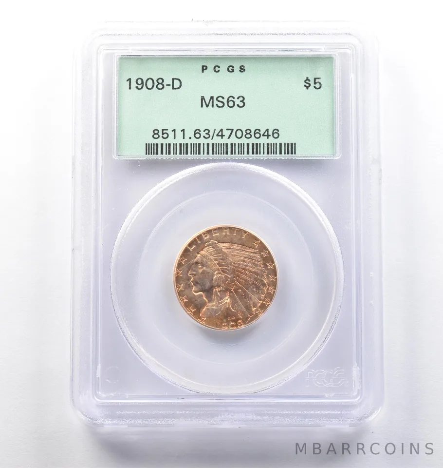 1908-D $5 Indian Head Gold Half Eagle MS63 PCGS OGH PQ *3865