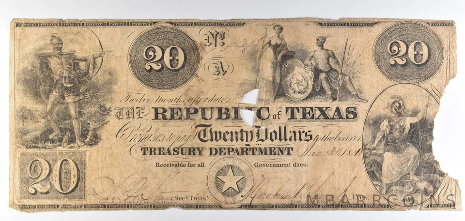 1846 $20 Republic Of Texas Treasury Department Obsolete Note *8683