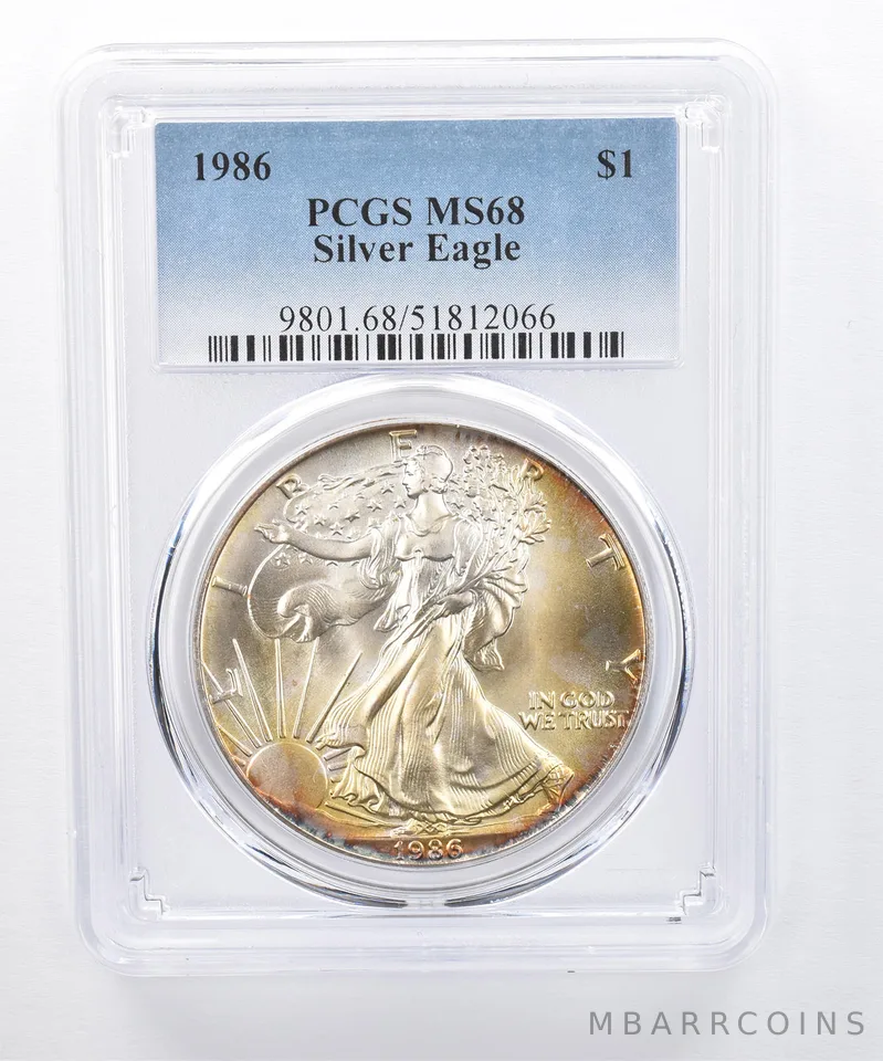 1986 American Silver Eagle MS68 PCGS Yellow Tone *8283