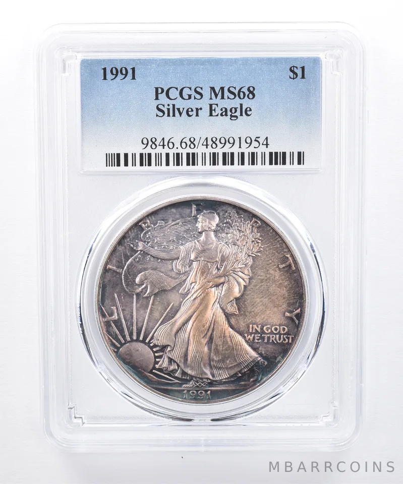1991 American Silver Eagle MS68 PCGS Dark Rainbow Tone *8440