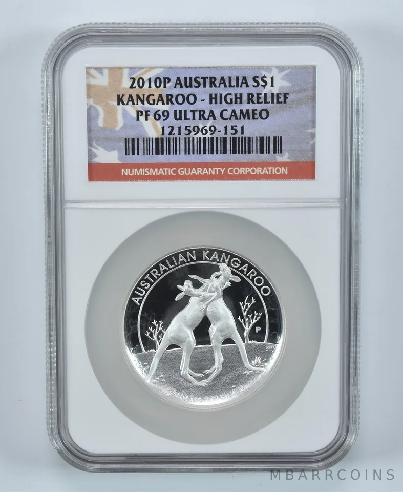 2010 P Australia Silver Dollar Kangaroo High Relief PF69 UCAM NGC Flag Label