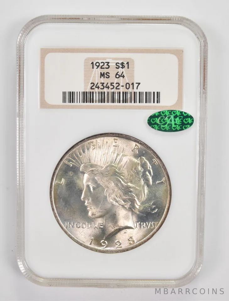 MS64 1923 Peace Silver Dollar CAC NGC *0040