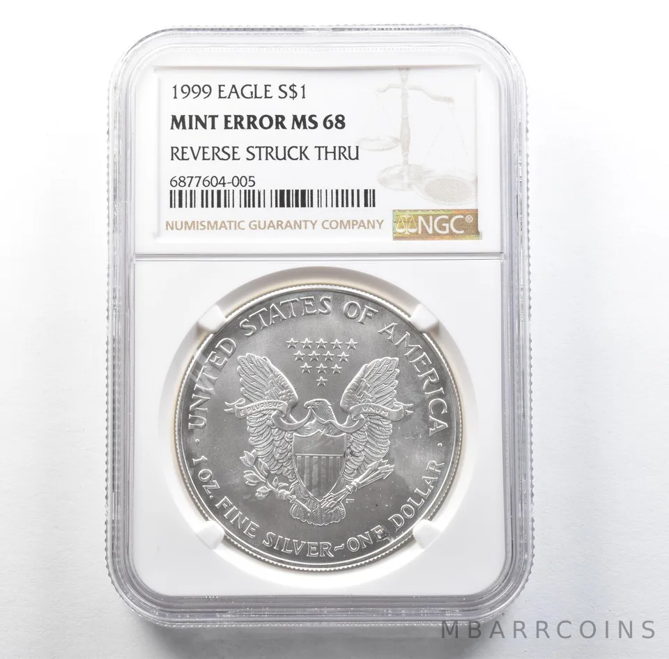 1999 American Silver Eagle Mint Error Reverse Struck Thru MS68 NGC *3118