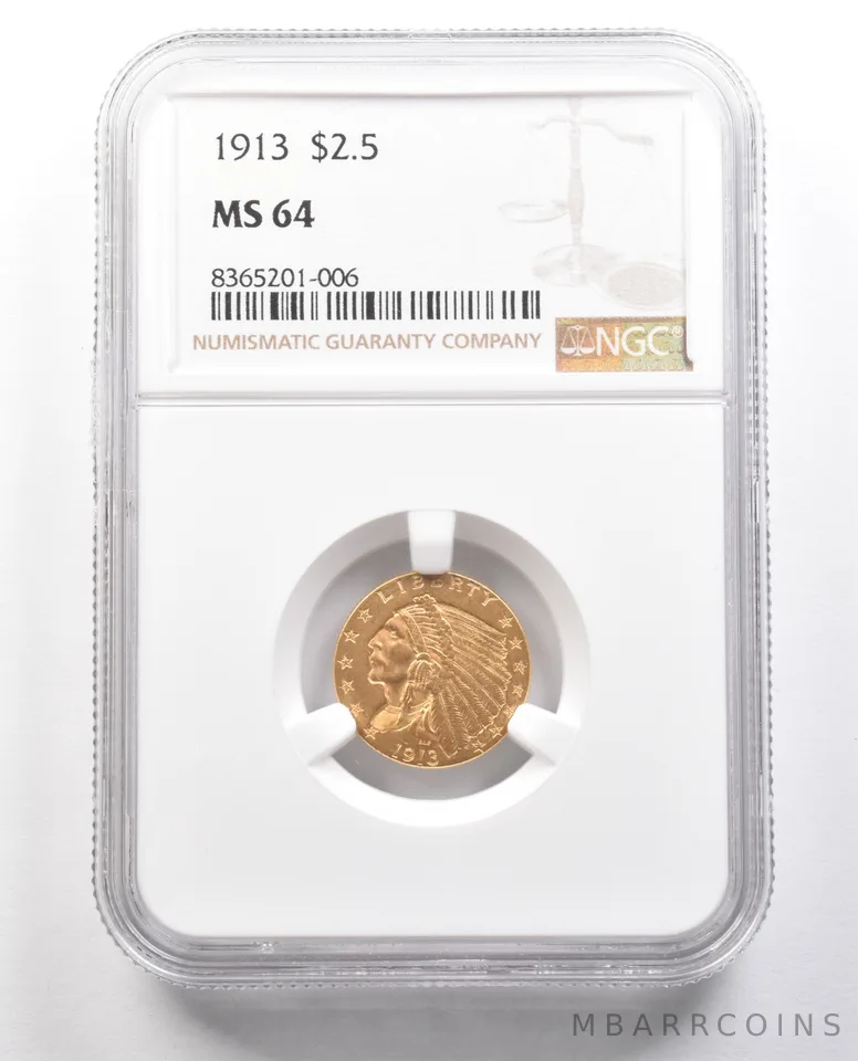 1913 $2.50 Indian Head Gold Quarter Eagle MS64 NGC a4381
