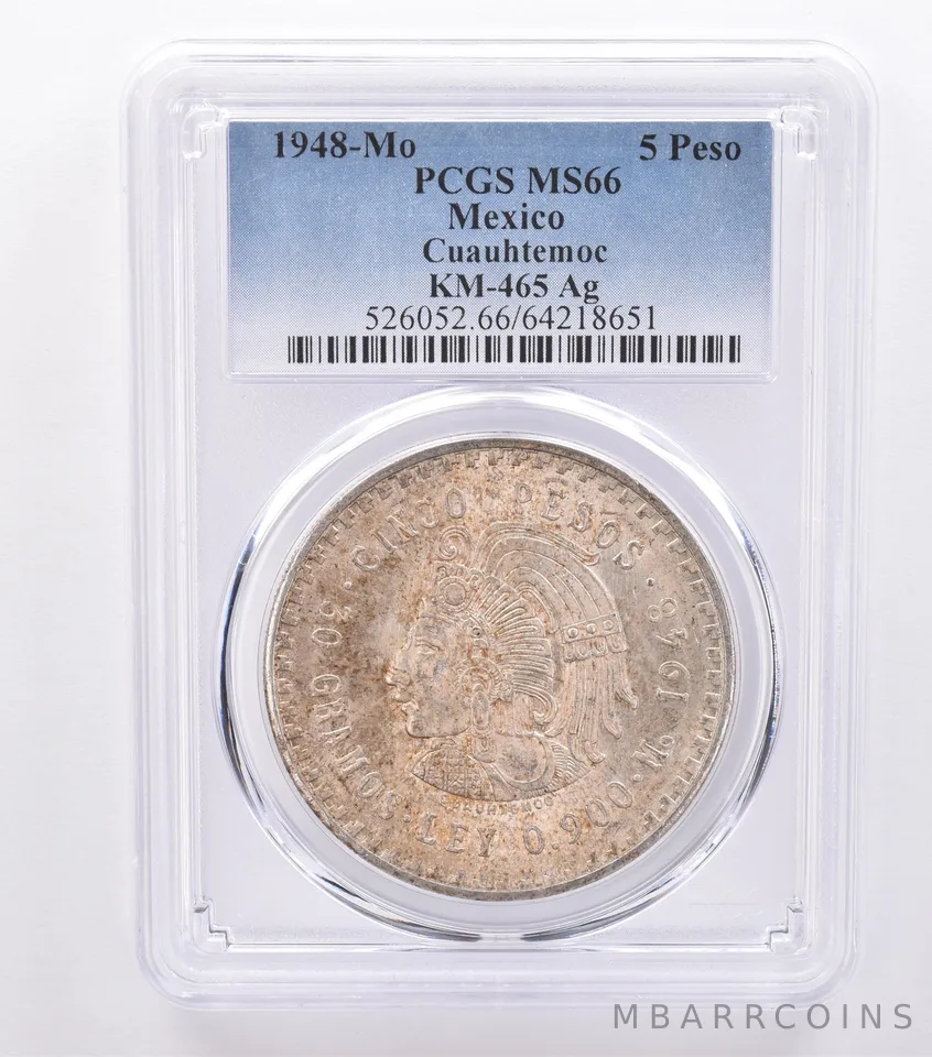 1948 Mo Mexico 5 Pesos Cuauhtemoc Silver KM-465 MS66 PCGS Beautiful Tone *8729