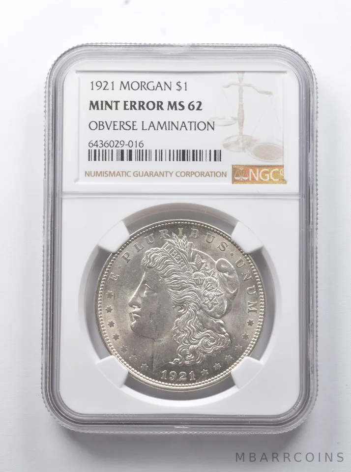Error MS62 1921 Morgan Silver Dollar OBV Lamination NGC *7935