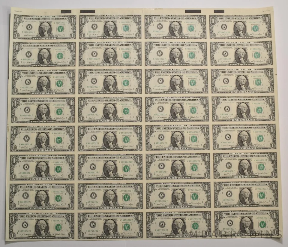 Lot (32) 1981 $1 Boston MA FRN Green Seal Uncut Sheet a5923
