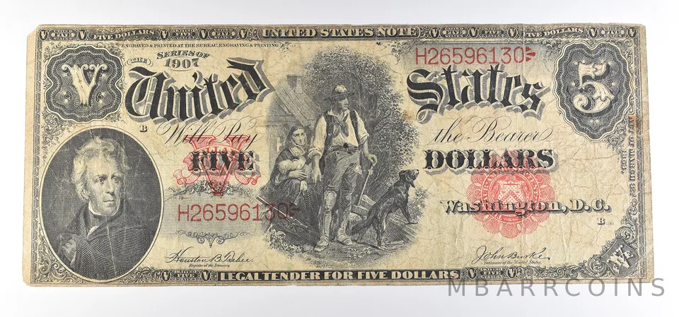 1907 $5 Woodchopper Legal Tender Large Note Red Seal Mule FR#88 *0776