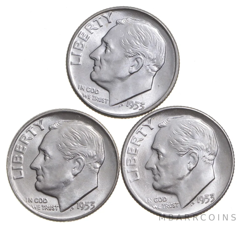 Choice Unc 1953 P+D+S Roosevelt Dime Gem BU Collection Lot Set