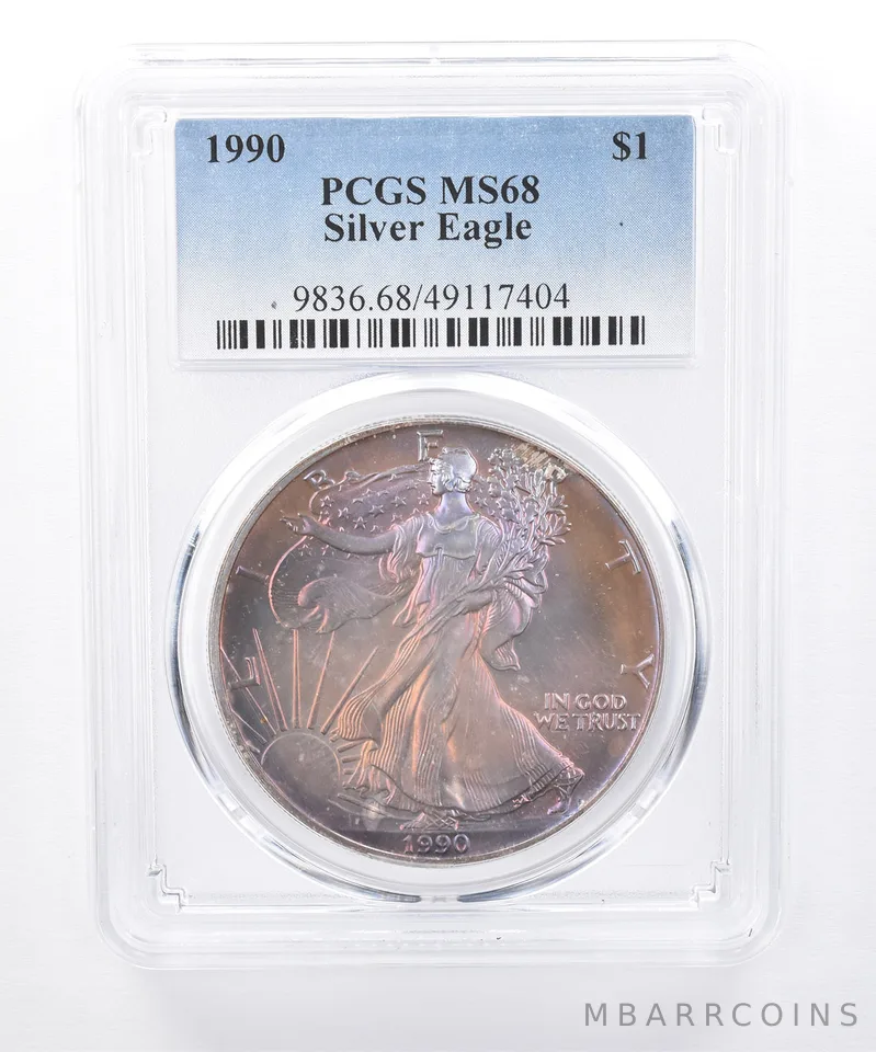 1990 American Silver Eagle MS68 PCGS Purple/Orange Tone *8394