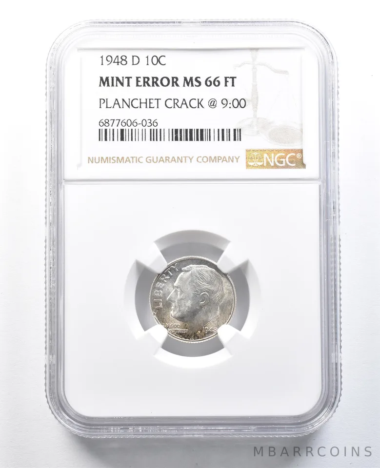 1948-D Roosevelt Dime Mint Error Planchet Crack @ 9:00 MS66 FT NGC *8249