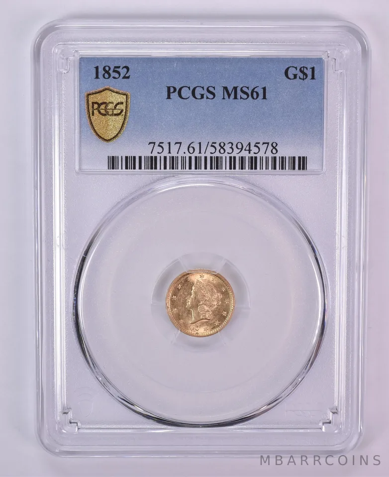 1852 $1 Liberty Head Gold Dollar MS61 PCGS Blue Label