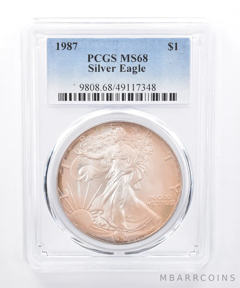 1987 American Silver Eagle MS68 PCGS Iridescent Tone *8463