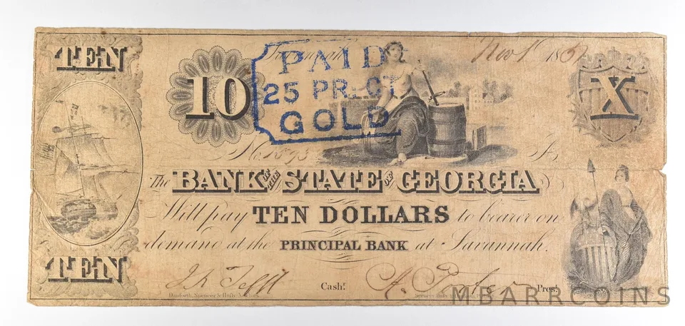 1857 $10 Savannah GA Bank Of The State Obsolete Note *8811