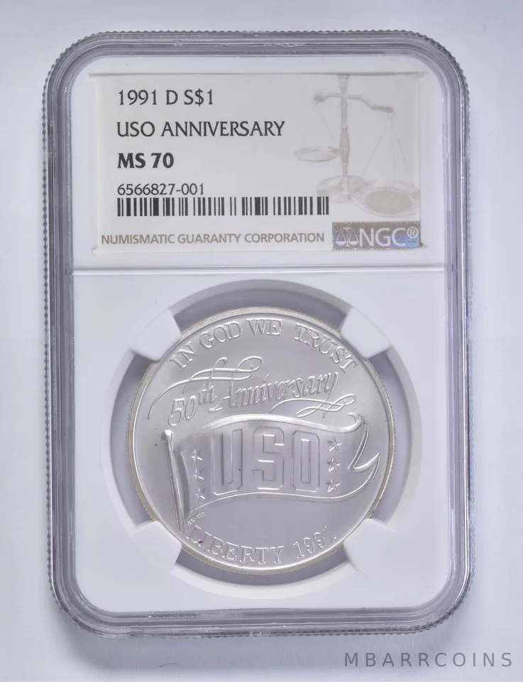 1991-D USO Commemorative Silver Dollar $1 MS70 NGC Brown Lbl
