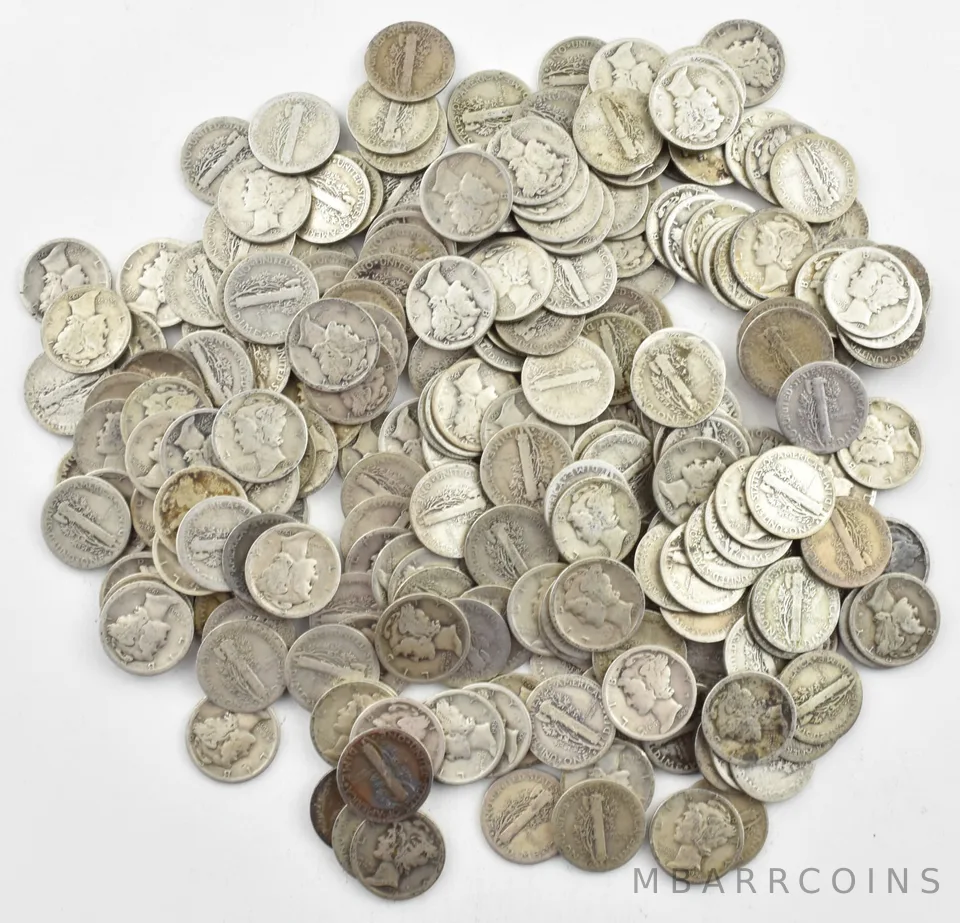 1928-S Mercury 90% Silver Dime Roll Lot of 50 PCS $5 Face