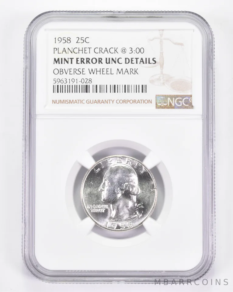 Mint Error UNC Details 1958 Washington Quarter - Planchet Crack @ 3:00 NGC *8850