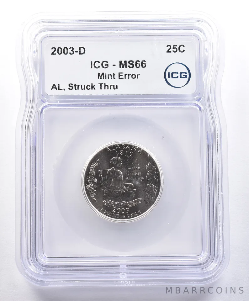 2003-D Washington State Quarter Alabama Mint Error Struck Thru MS66 ICG *4055