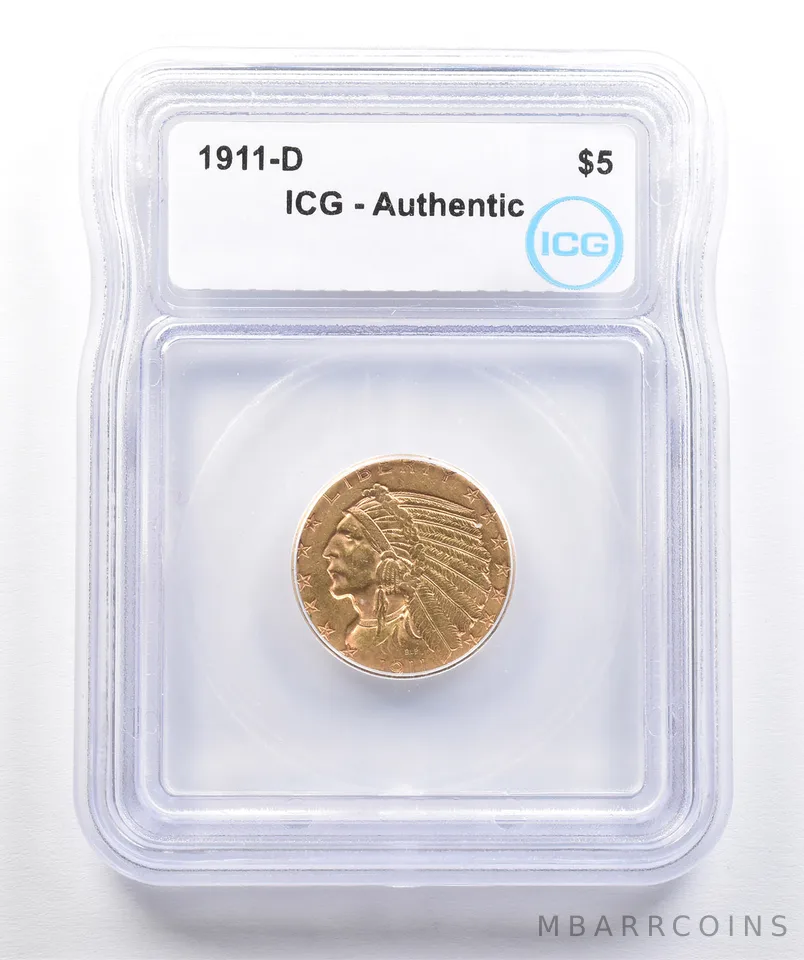 1911-D $5 Indian Head Gold Half Eagle Authentic ICG a7396
