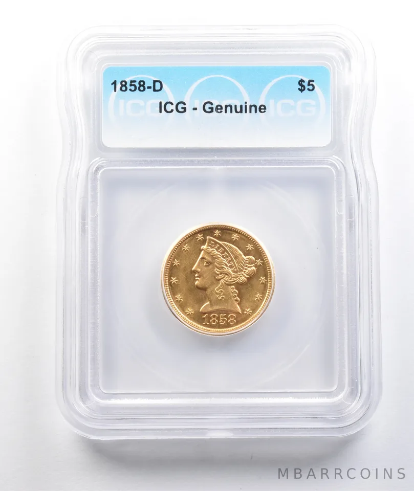 1858-D $5 Liberty Head Gold Half Eagle Genuine ICG *5596
