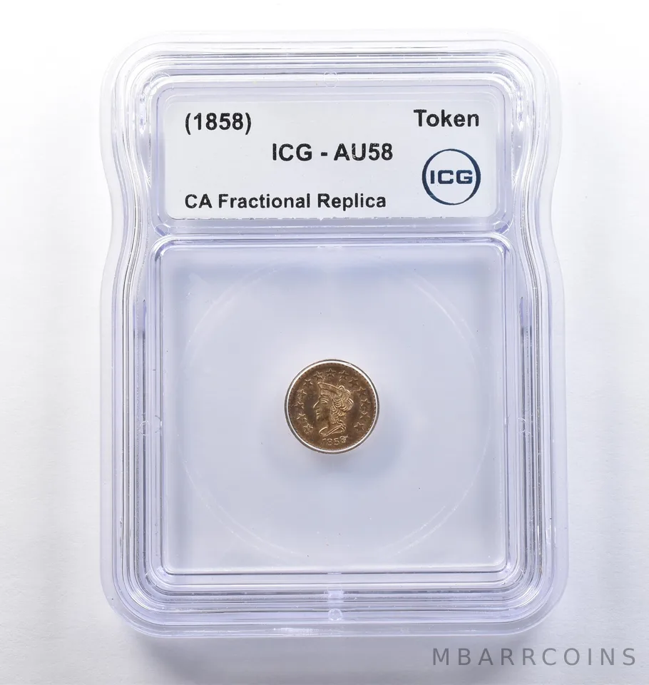 (1858) CA Fractional Gold Style Token Liberty Head 1/2 Dollar AU58 ICG *3745