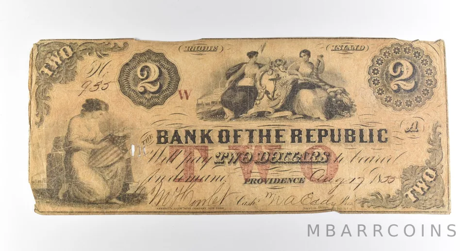 1855 $2 Providence RI Bank Of The Republic Obsolete Note *3768
