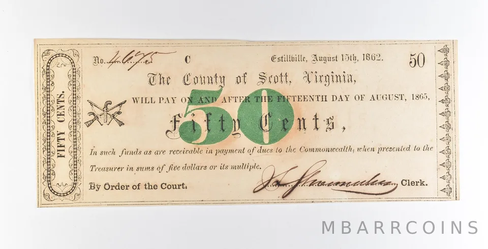 1862 50 Cents Estillville VA County Of Scott Obsolete Note *8926