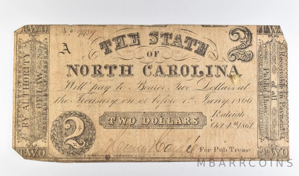 1861 $2 State Of North Carolina Obsolete Note *8725