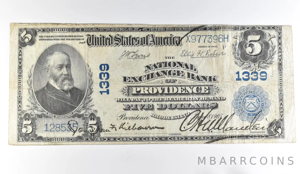 1902 $5 Providence RI National Currency Large Note Blue Seal 1339 *1685