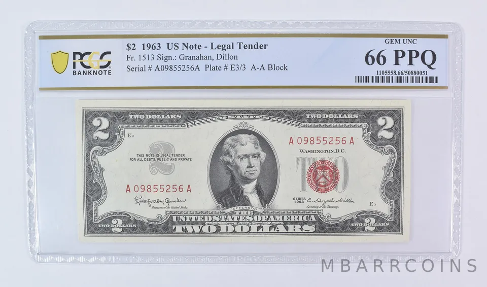 $2 1963 US Legal Tender Fr#1513 Gem Unc 66 PPQ PCGS
