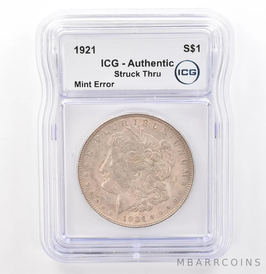 1921 Morgan Silver Dollar Mint Error Struck Thru Authentic ICG Nice Tone *7600