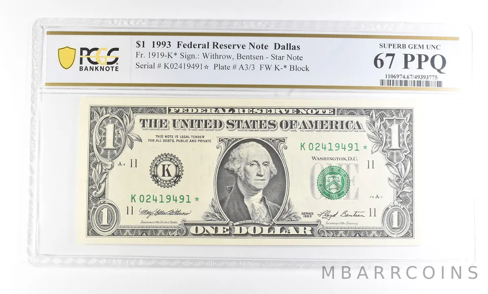 1993 $1 Dallas TX FRN Star Note Fr#1919-K* Superb Gem Unc 67 PPQ PCGS a2897