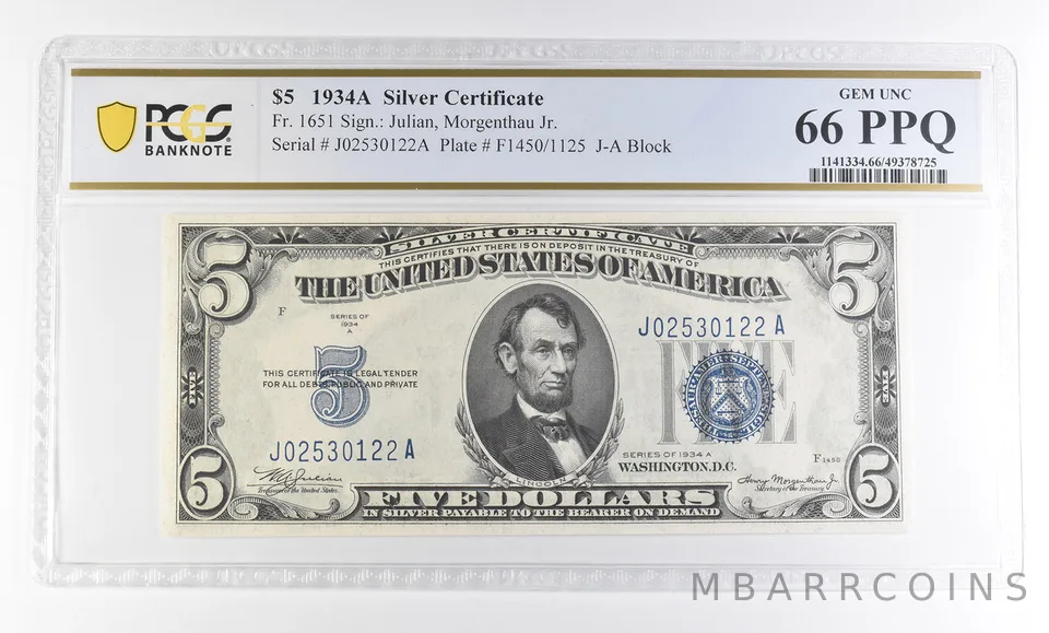 1934 A $5 Silver Certificate Fr#1651 Gem Unc 66 PPQ PCGS *2812