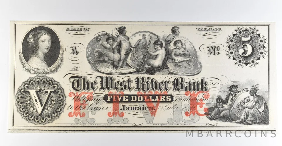 1800s $5 Jamaica VT West River Bank Obsolete Note *8456