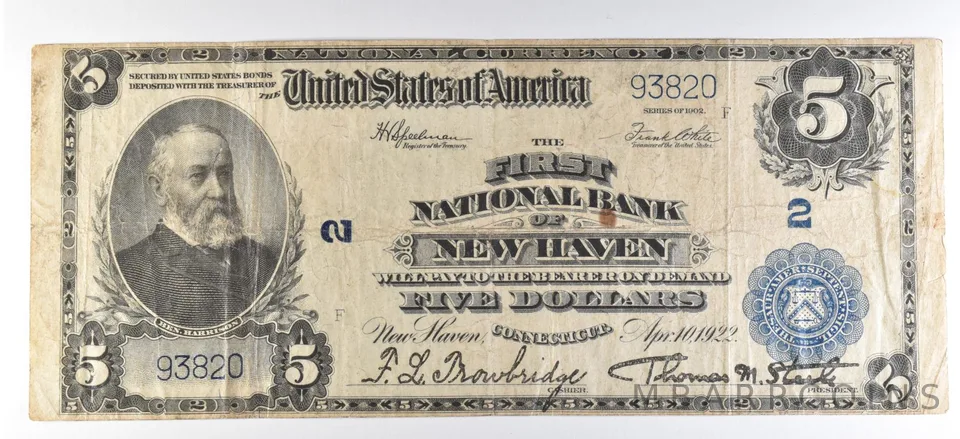1902 $5 National Currency Note New Haven CT Ch#2 Large Note *5636