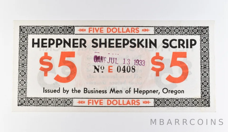 1934 $5 Heppner OR Sheepskin Scrip *9756