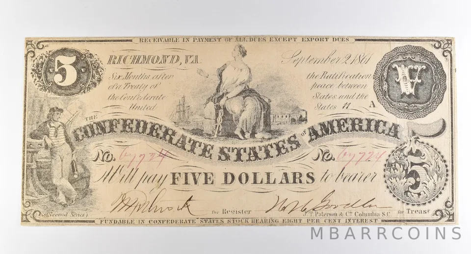 1861 $5 Richmond VA Confederate States Of America Obsolete Note *3875