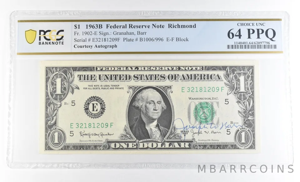 1963 B 64 $1 Richmond VA FRN Courtesy Autograph FR#1902-E PPQ PCGS Barr *0632