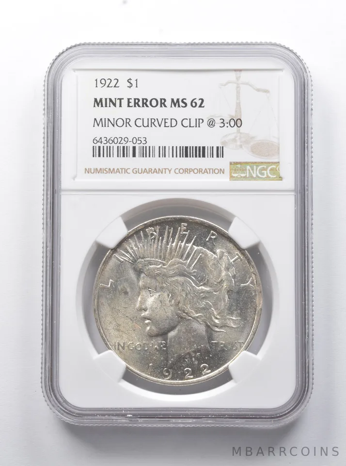 Error MS62 1922 Peace Silver Dollar Minor Curved Clip @ 3:00 NGC *7898
