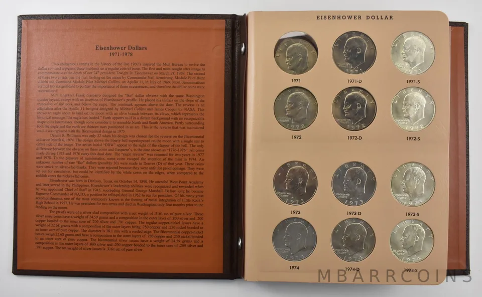 1971-1978 Eisenhower Dollars, Silver, 21 BU Coins Dansco Album PDS Set