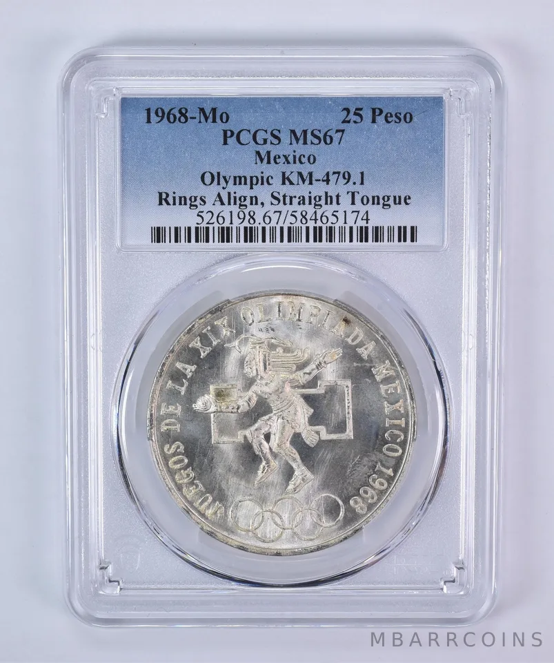 1968 Mo Mexico 25 Pesos Silver Olympic Align Straight Tongue KM-479.1 MS67 PCGS