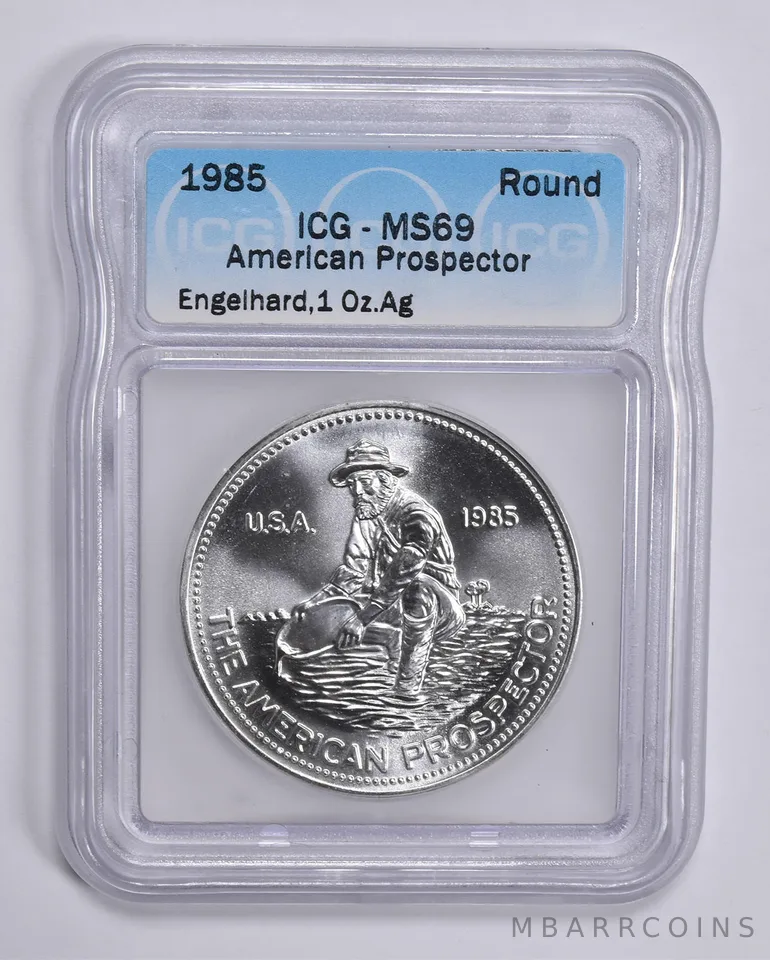 1985 Engelhard American Prospector 1 Troy Oz Silver Round MS69 ICG