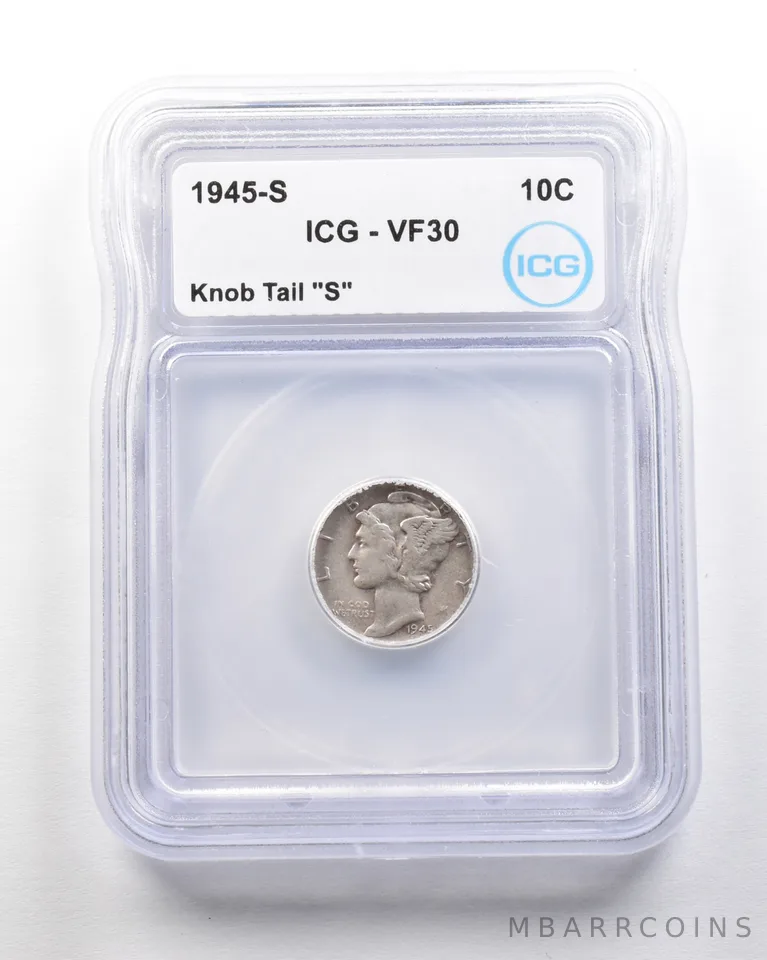 1945-S Mercury Dime Mint Error Knob Tail "S" VF30 ICG *1718