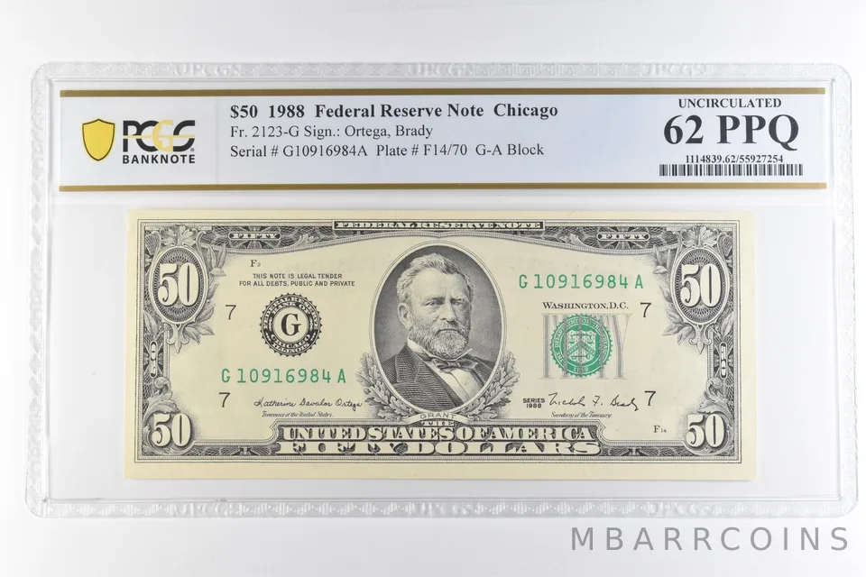 1988 $50 Chicago IL FRN Fr#2123-G Uncirculated 62 PPQ PCGS *6902