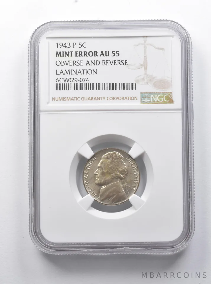 MINT ERROR AU55 1943-P Jefferson Nickel OBV & REV Lamination NGC a7923