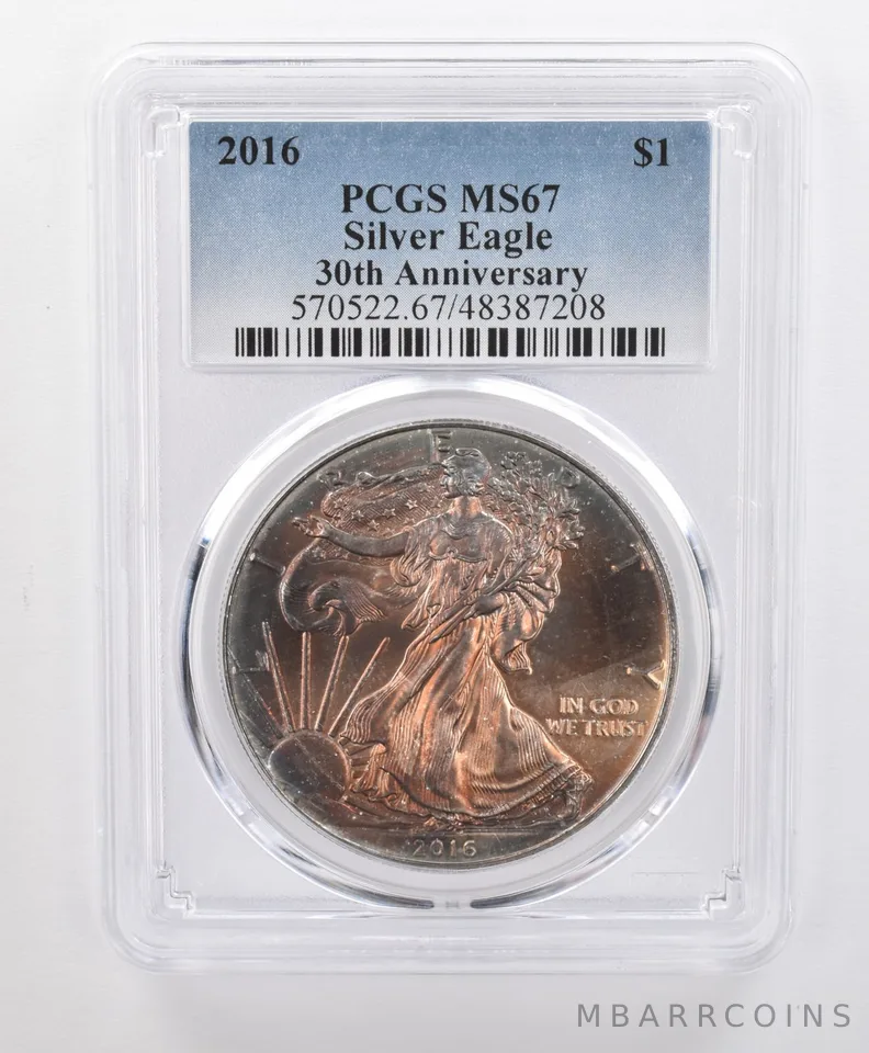MS67 2016 American Silver Eagle PCGS Beautifully Toned Yellow/Red Hues a0162