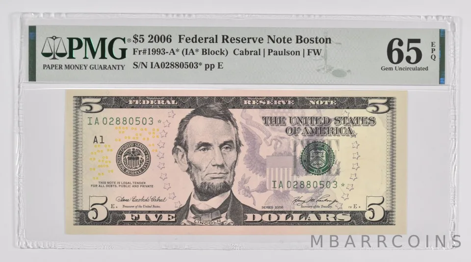 $5 Star * Error Replacement 2006 FRN FR-1993-A * PMG 65 Boston EPQ