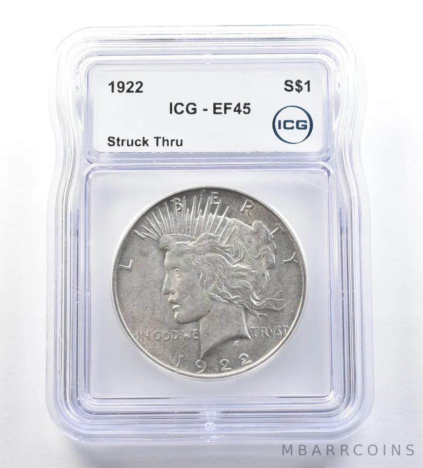 1922 Peace Silver Dollar Struck Thru EF45 ICG *0549